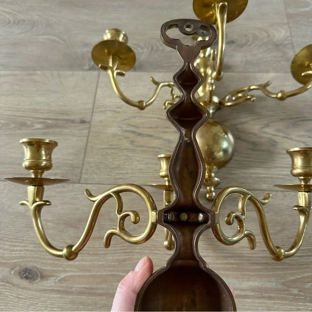 Vintage Solid Brass Three Candle Holders Wall Mount 2 As Set